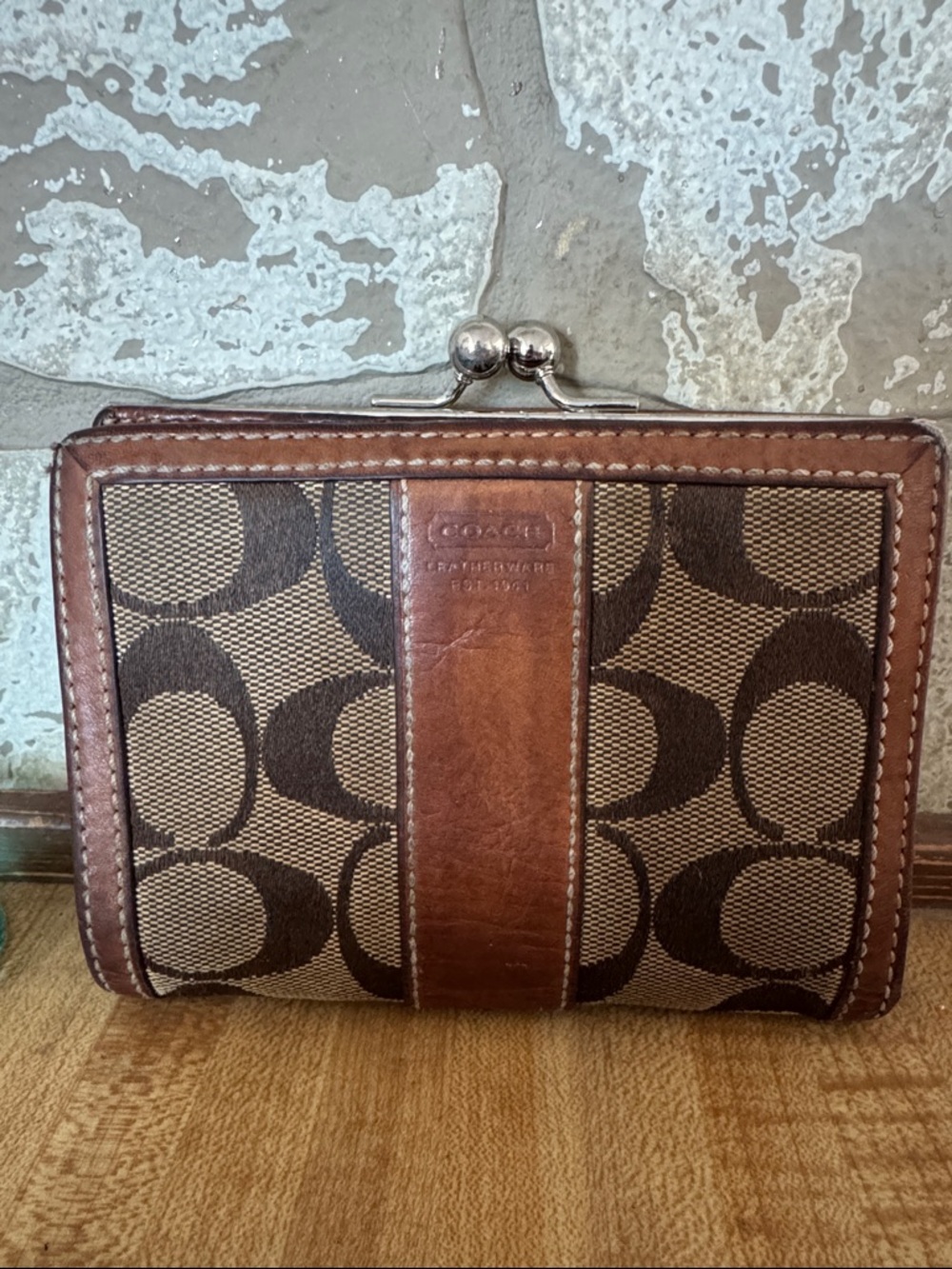 Coach Brown Signature Canvas and Leather Kiss-Lock Wallet